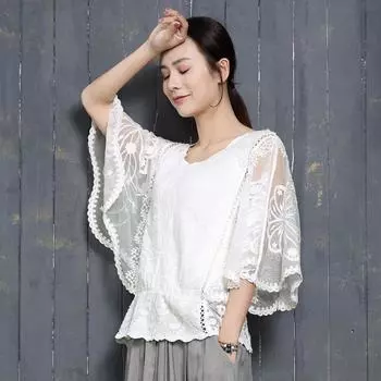 Шифоновая блузка женская летняя винтажная элегантная хлопковая кружевная рубашка с круглым вырезом и рукавами-бабочками офисные женские топы One Size белый
