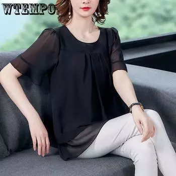 Шифоновая блузка, женский топ, однотонный, с круглым вырезом, свободный пуловер, с рукавами «летучая мышь», рубашки с рюшами, блузка, женская одежда, повседневная летняя футболка L