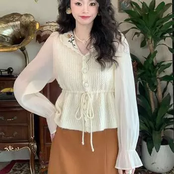 Шифоновая лоскутная вязаная нижняя рубашка для женщин, весенний кардиган 2023, уникальный топ с длинными рукавами, красивый свитер, женский кардиган One Size бежевый