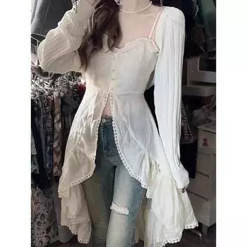 Шифоновая модная одежда, комплект из 2 предметов с юбкой Gyaru Chic, сексуальное платье на тонких бретельках + бежевые длинные топы с рюшами Mori Girl Simple, 2024 S бежевый