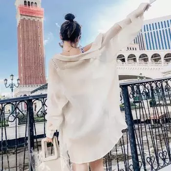 Шифоновая одежда для защиты от солнца, студентки, новое летнее свободное тонкое пальто с длинным рукавом средней длины, пляжное пальто больших размеров XXL белый