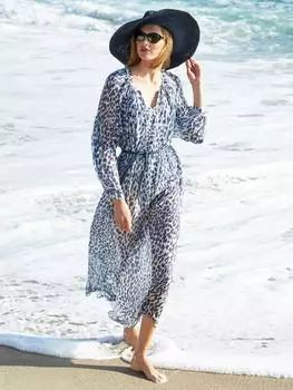 Шифоновая пляжная накидка с леопардовым принтом, туники для пляжа, длинный кафтан, накидка на бикини, халат de Plage, саронг, пляжный купальник, накидка Q963 One Size синий