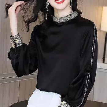 Шифоновая рубашка 2022, осенняя черная свободная блузка с полой вышивкой, женская женская блузка с длинным рукавом