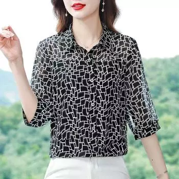 Шифоновая рубашка для женщин, летняя новая модная блузка высокого класса, модная иностранная рубашка с рукавом семь минут M (95-52.5 kg)
