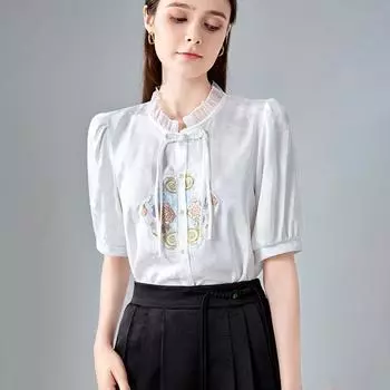 Шифоновая рубашка для женщин, новая летняя женская рубашка с короткими рукавами для женщин с воротником в виде листьев лотоса, уменьшающая возраст, красивая рубашка в китайском стиле, топ S белый