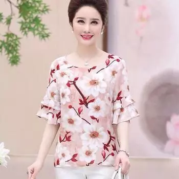 Шифоновая рубашка для женщин, весна-лето, новая блузка с короткими рукавами, свободная футболка с половиной рукавов и верхом и низом с цветочным принтом XL розовый