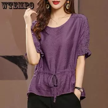 Шифоновая рубашка из ледяного шелка с короткими рукавами и шнуровкой, женская полая кружевная свободная рубашка, топ M темно-синий