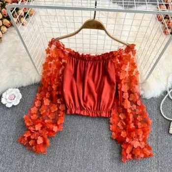 Шифоновая рубашка на одно плечо с трехмерной цветочной перспективой, сшитая из сетки, женская летняя рубашка со свободной талией, короткий топ с открытыми плечами