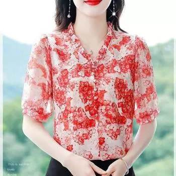 Шифоновая рубашка с цветочным принтом для мамы, новая летняя блузка с короткими рукавами, женская модная блузка с v-образным вырезом и принтом, M-4XL L красный
