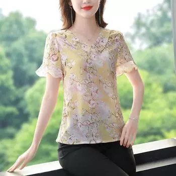 Шифоновая рубашка с цветочным принтом и кукольным вырезом, женская блузка с коротким рукавом, новый летний свободный топ с принтом M-4XL 4XL жёлтый