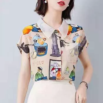 Шифоновая рубашка с цветочным принтом, летняя свободная блузка в стиле ретро с короткими рукавами и кукольным вырезом L бежевый