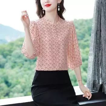 Шифоновая рубашка с цветочным принтом, новая осенне-летняя блузка с короткими рукавами, женская одежда XXL розовый