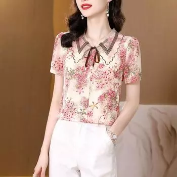 Шифоновая рубашка с цветочным принтом, женская летняя новая модная блузка с коротким рукавом и принтом 4XL розовый
