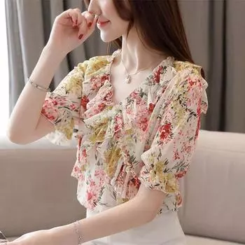 Шифоновая рубашка с цветочным принтом, женская летняя новая женская рубашка с короткими рукавами и открытыми плечами, топ из бисера, блузка с v-образным вырезом XXXL жёлтый