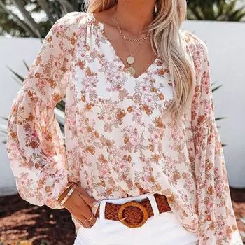 Шифоновая рубашка с цветочным принтом, женская модная блузка с рукавом-фонариком Vinatge, топы 2022, повседневная блузка с v-образным вырезом и цветочным принтом больших размеров 19347 S зелёный