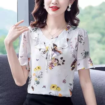 Шифоновая рубашка с цветочным принтом, женская новая летняя модная блузка с короткими рукавами, топ для мамы 4XL L белый