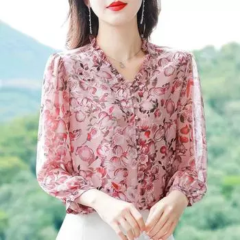 Шифоновая рубашка с цветочным принтом, женская весенне-летняя свободная блузка для матери, повседневная блузка с рукавом четверти, топ с v-образным вырезом и принтом M красный
