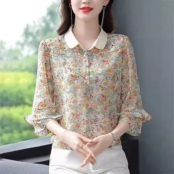 Шифоновая рубашка с цветочным принтом, женская весенне-летняя рубашка-поло в западном стиле, универсальная блузка, топ с рукавами три четверти XXXXXL красный