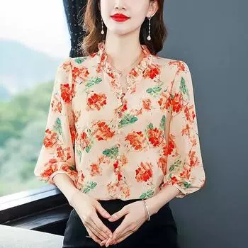 Шифоновая рубашка с цветочным принтом, женская весенне-летняя блузка с коротким рукавом и шикарным принтом, милая блузка с фонариком, Blusas XXXL оранжевый