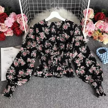 Шифоновая рубашка с длинным рукавом, женская милая съедобная блузка с цветочным принтом, элегантная блузка с v-образным вырезом и короткими пышными рукавами, одежда 25981 One Size абрикосовый