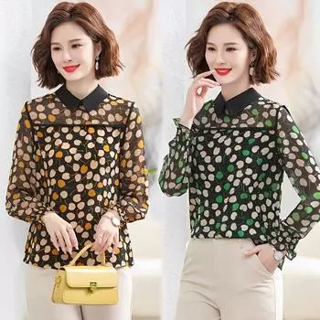 Шифоновая рубашка с длинными рукавами, топ, женская блузка с принтом для матери, модный топ с кукольным воротником и цветочным принтом, XL-5XL 2XL зелёный