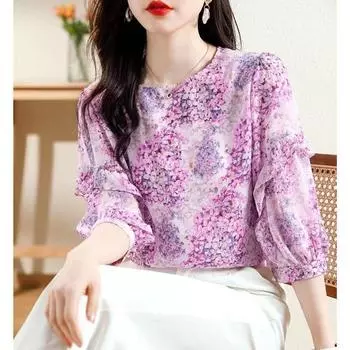 Шифоновая рубашка с французским цветочным принтом, плиссированная блузка с рукавами 3/4, женская весна-лето, новый свободный облегающий тонкий топ с принтом M-4XL 4XL фиолетовый