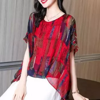 Шифоновая рубашка с короткими рукавами, блузка, женская женская блузка с круглым вырезом для женщин, пляжная повседневная свободная блузка, топ XXXXL красный