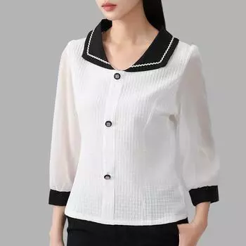 Шифоновая рубашка с кукольным вырезом, женская верхняя часть, женская одежда больших размеров, Fat Mm, новая женская одежда, рукав три четверти, шикарная и красивая маленькая рубашка S