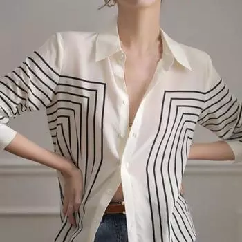 Шифоновая рубашка с лацканами и длинными рукавами, полосатая рубашка с принтом, топы, свободный крой, однобортные женские модели 2XL белый
