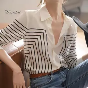 Шифоновая рубашка с лацканами, полосатая рубашка с длинными рукавами и принтом, топы, свободная однобортная женская рубашка, черно-белая блузка с принтом M белый