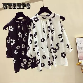 Шифоновая рубашка с открытыми плечами и короткими рукавами. Шифоновая блузка с принтом. Черно-белая рубашка с цветочным принтом. Женская повседневная футболка с принтом. XXXL белый