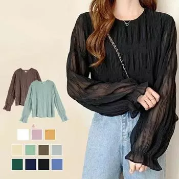 Шифоновая рубашка с плиссированными расклешенными рукавами, женская блузка с круглым вырезом, однотонная свободная универсальная рубашка с длинными рукавами M чёрный