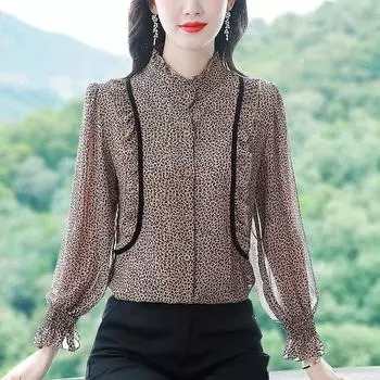 Шифоновая рубашка с принтом, весенне-осенняя новая модная блузка с леопардовым принтом, тонкий женский уменьшающий возраст топ с воротником-стойкой и длинными рукавами XXL красно-коричневый