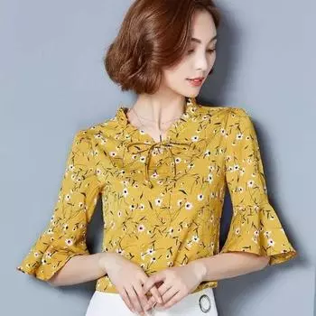 Шифоновая рубашка с расклешенными рукавами и принтом, весна/лето, свободная женская верхняя одежда с v-образным вырезом, модная блузка с короткими рукавами и воротником с оборками M темно-синий