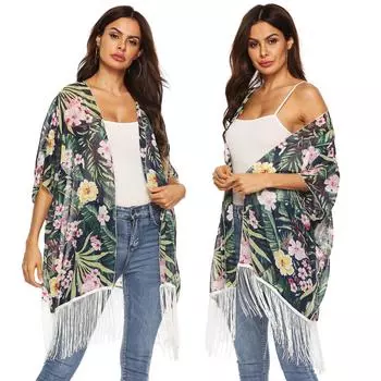 Шифоновая рубашка с растительным цветочным принтом, нерегулярная свободная длинная бахрома, солнцезащитный жакет, кардиган A One Size темно-зеленого