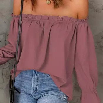 Шифоновая рубашка с разрезным вырезом для женщин, весенне-осенняя однотонная сексуальная блузка с открытыми плечами S чёрный