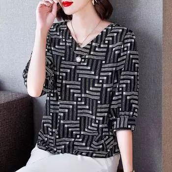 Шифоновая рубашка с рукавом 3/4, женская весна-лето, новая блузка в полоску для мамы, модный топ с v-образным вырезом, M-4XL M белый