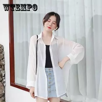 Шифоновая рубашка с солнцезащитным кремом, женское летнее пальто, корейская версия, тонкая блузка, свободная рубашка с кондиционером, женские топы Tide, белая рубашка с воротником поло XL белый