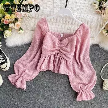 Шифоновая рубашка с V-образным вырезом, однотонная однотонная рубашка с плиссированной талией и укороченной талией One size синий