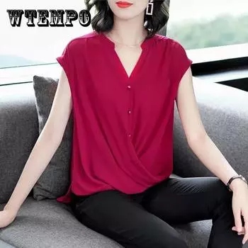 Шифоновая рубашка с v-образным вырезом, женская летняя блузка с прикрытием живота, свободная блузка с короткими рукавами, без рукавов, тонкая однотонная рубашка большого размера, женский летний топ 3XL чёрный