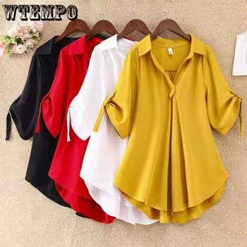 Шифоновая рубашка средней длины с короткими рукавами, женская летняя шифоновая рубашка большого размера со свободной талией, топ женский L белый