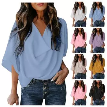 Шифоновая рубашка Свободный повседневный топ с V-образным вырезом Футболка Женская одежда L бежевый