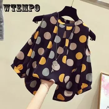 Шифоновая рубашка в горошек с открытыми плечами, свободная шифоновая блузка с короткими рукавами, женская повседневная рубашка с круглым вырезом и открытыми плечами XXXL белый
