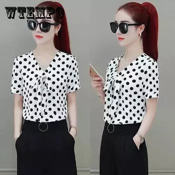 Шифоновая рубашка в горошек, женская рубашка с коротким рукавом и свободным верхом, рубашка на животе, черно-белая темпераментная элегантная офисная женская летняя рубашка S белый