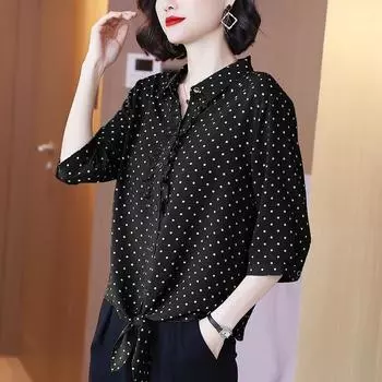 Шифоновая рубашка в горошек, женская весна-осень с длинными рукавами, новая блузка с принтом, модный приталенный топ для отдыха XXL чёрный