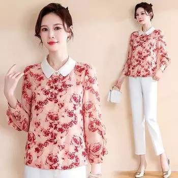 Шифоновая рубашка женская, блузка с цветочным принтом в иностранном стиле, новая женская универсальная рубашка с длинными рукавами M [recommended 95-52.5 kg]