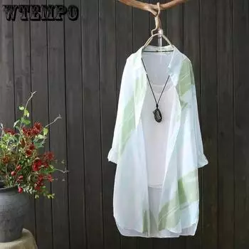 Шифоновая рубашка, женская длинная солнцезащитная рубашка с принтом и длинными рукавами, новое летнее свободное классное солнцезащитное пальто, женское тонкое L зелёный