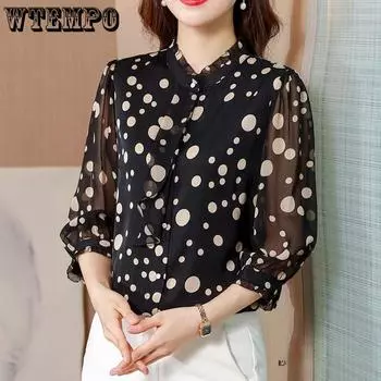 Шифоновая рубашка женская летняя модная повседневная рубашка в горошек с короткими рукавами футболка топ S