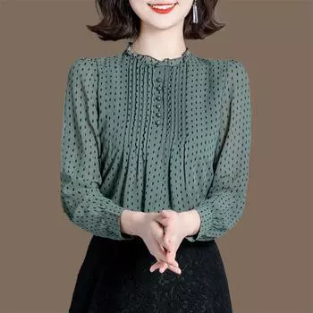 Шифоновая рубашка, женская летняя одежда, свободный темперамент, черный воротник-грибок, топ в горошек, свитер в западном стиле из шелка Mulberry, блузки и рубашки M чёрный