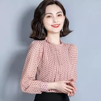 Шифоновая рубашка, женская летняя одежда, свободный темперамент, черный воротник-грибок, топ в горошек, свитер в западном стиле из шелка Mulberry, блузки и рубашки M розовый